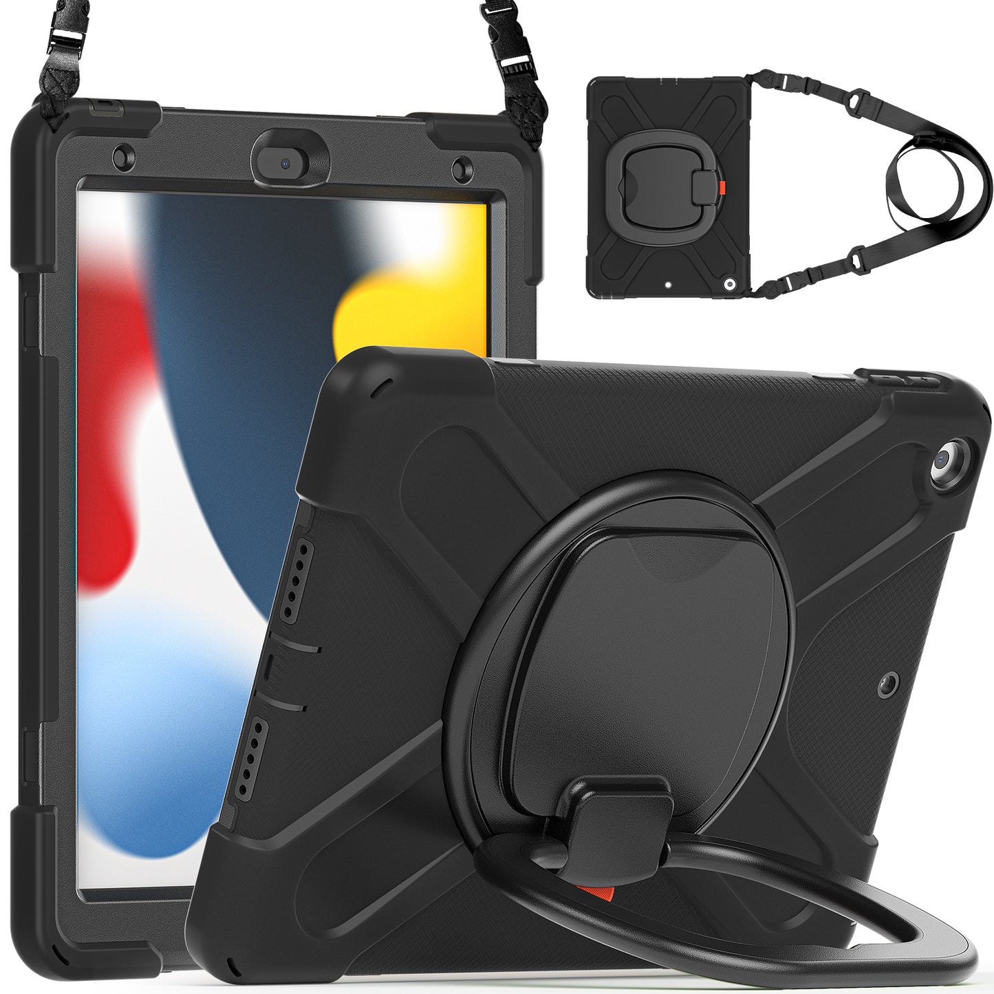 For iPad 10.2 (2021) / (2019) / (2020) Rotary Kickstand Tablet Case PC+Silicone Tablet Cover with Shoulder Strap
