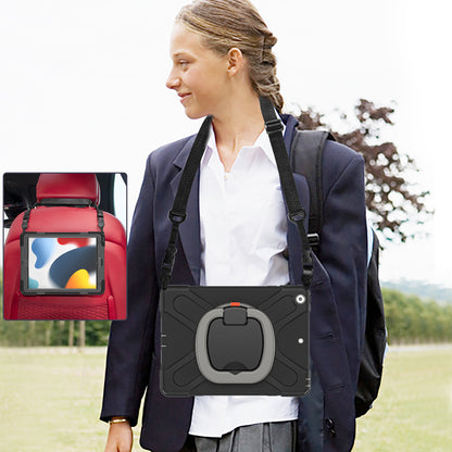 For iPad 10.2 (2021) / (2019) / (2020) Rotary Kickstand Tablet Case PC+Silicone Tablet Cover with Shoulder Strap