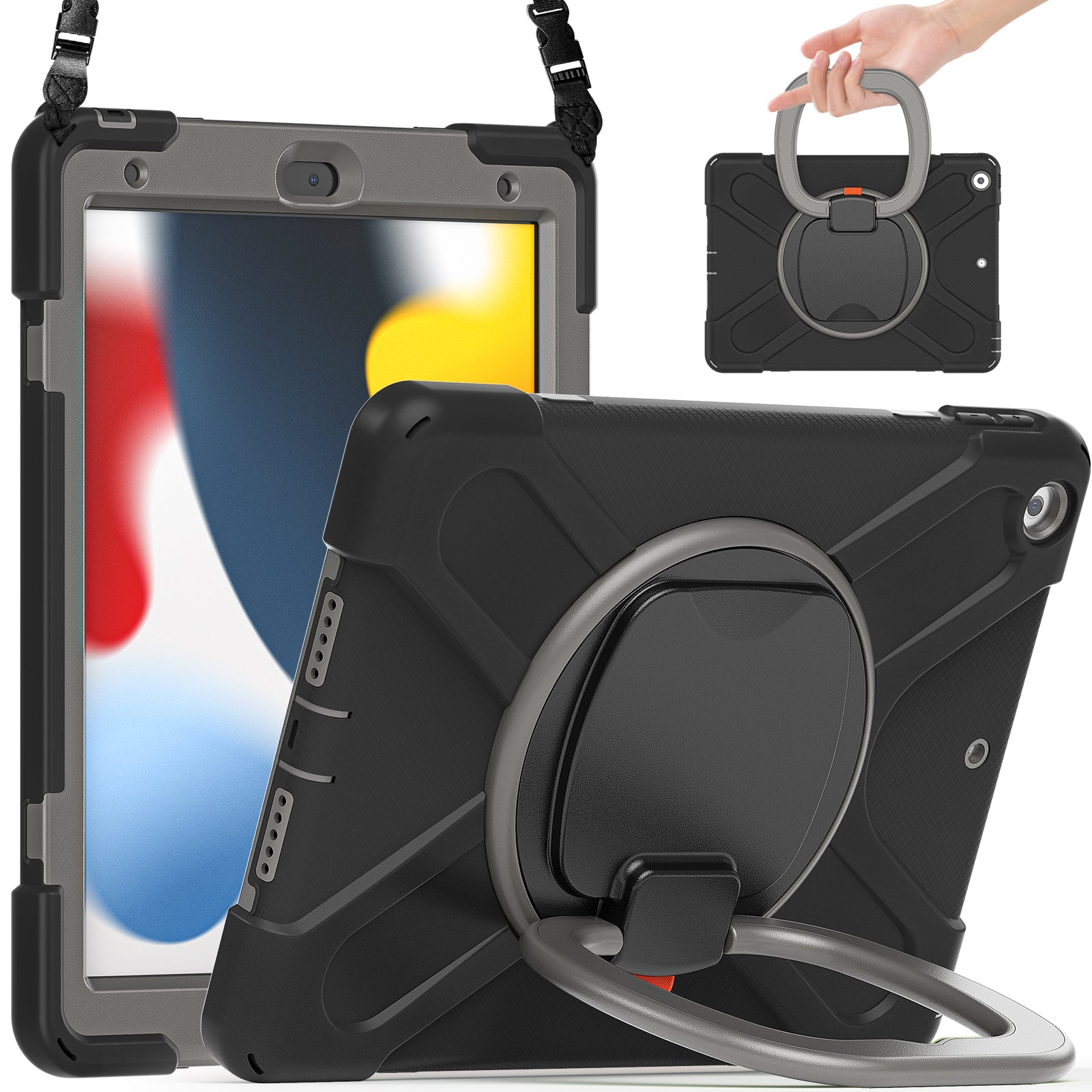 For iPad 10.2 (2021) / (2019) / (2020) Rotary Kickstand Tablet Case PC+Silicone Tablet Cover with Shoulder Strap