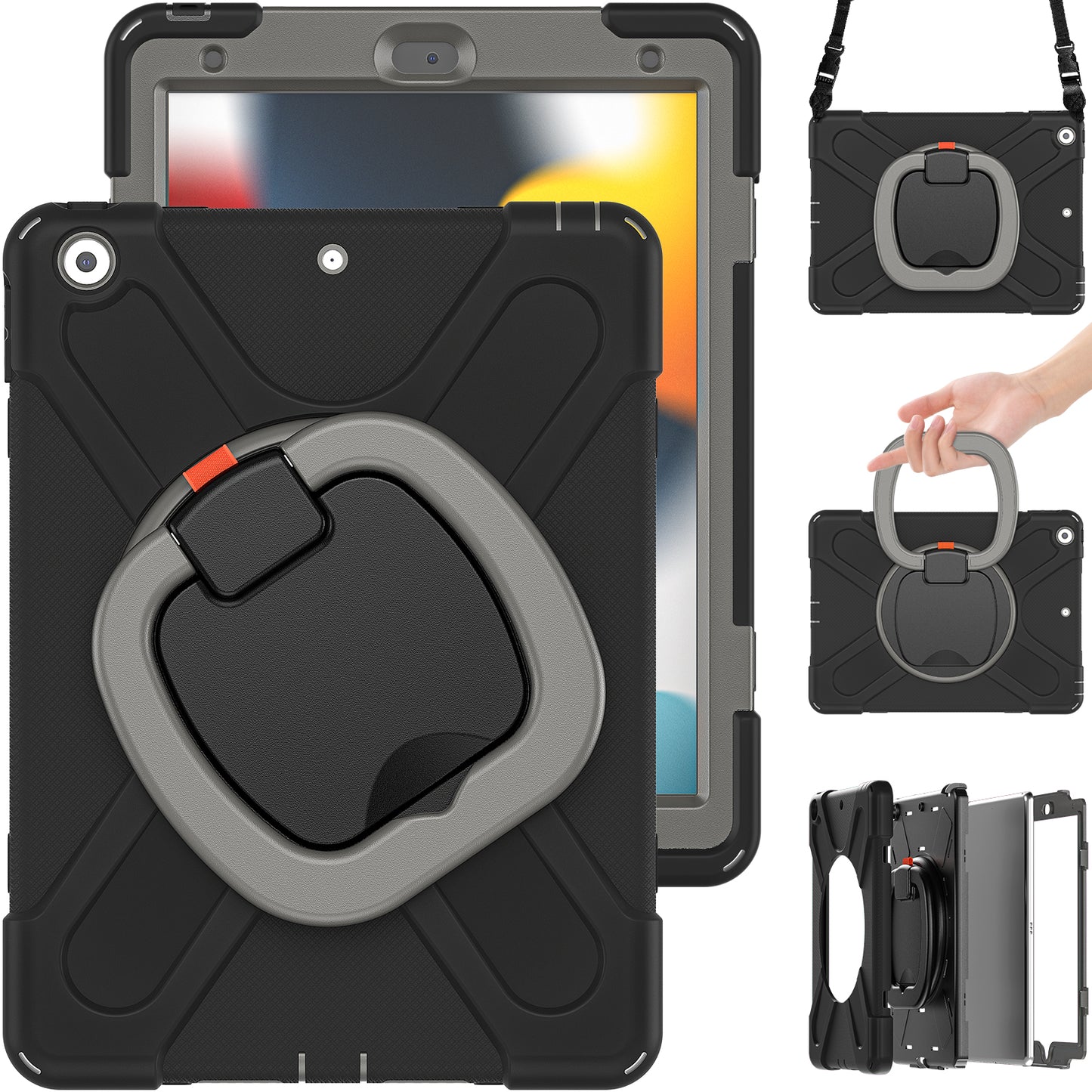 For iPad 10.2 (2021) / (2019) / (2020) Rotary Kickstand Tablet Case PC+Silicone Tablet Cover with Shoulder Strap