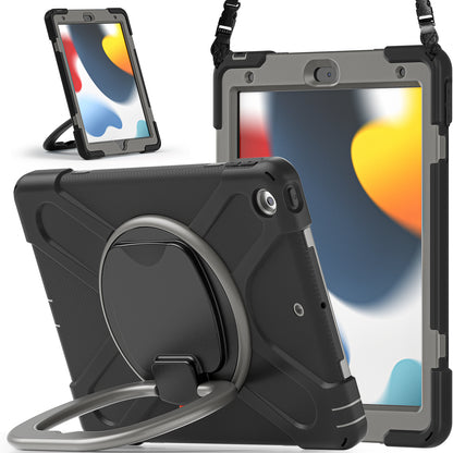 For iPad 10.2 (2021) / (2019) / (2020) Rotary Kickstand Tablet Case PC+Silicone Tablet Cover with Shoulder Strap