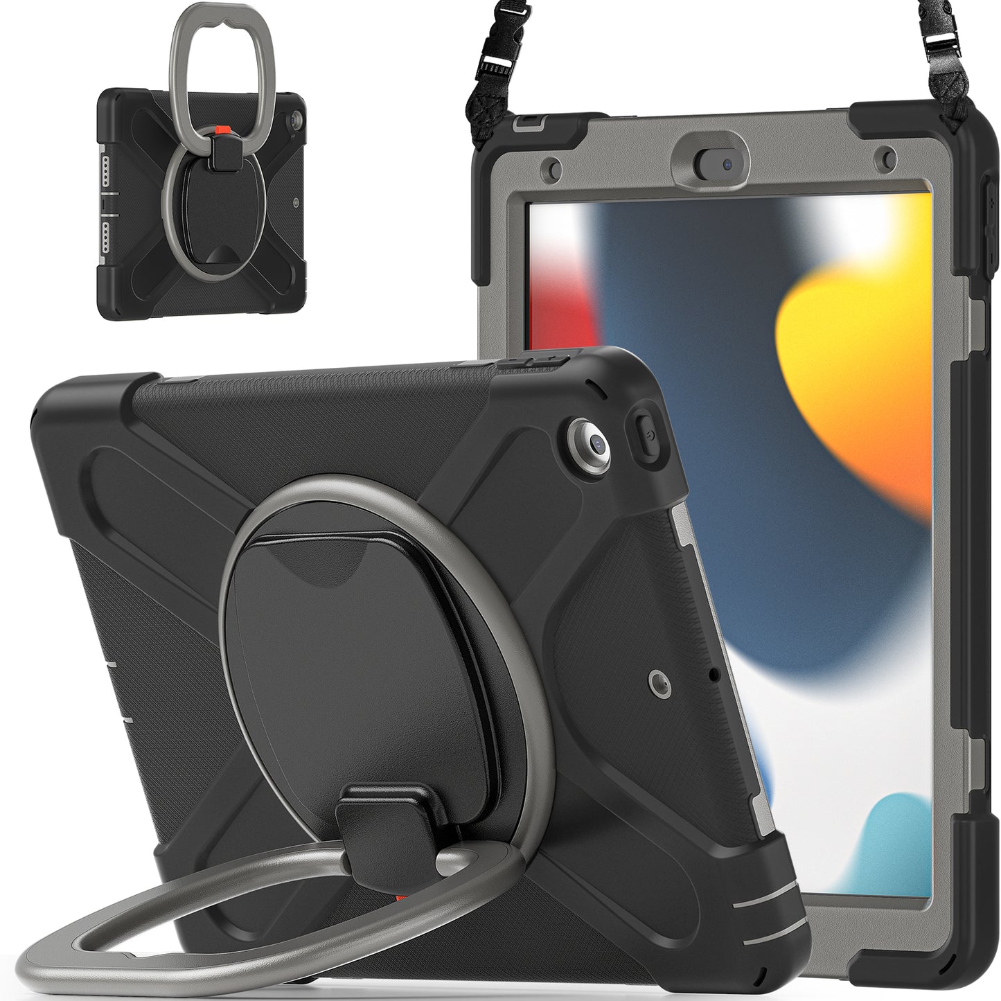 For iPad 10.2 (2021) / (2019) / (2020) Rotary Kickstand Tablet Case PC+Silicone Tablet Cover with Shoulder Strap