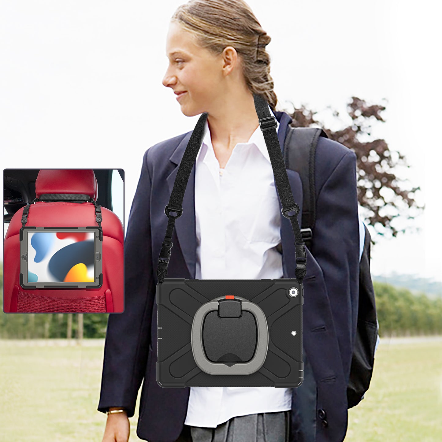 For iPad 10.2 (2021) / (2019) / (2020) Rotary Kickstand Tablet Case PC+Silicone Tablet Cover with Shoulder Strap