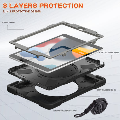 For iPad 10.2 (2021) / (2019) / (2020) Rotary Kickstand Tablet Case PC+Silicone Tablet Cover with Shoulder Strap