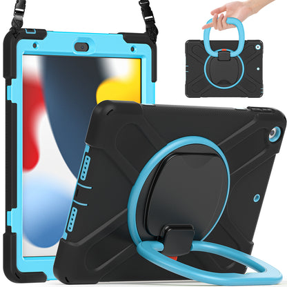 For iPad 10.2 (2021) / (2019) / (2020) Rotary Kickstand Tablet Case PC+Silicone Tablet Cover with Shoulder Strap