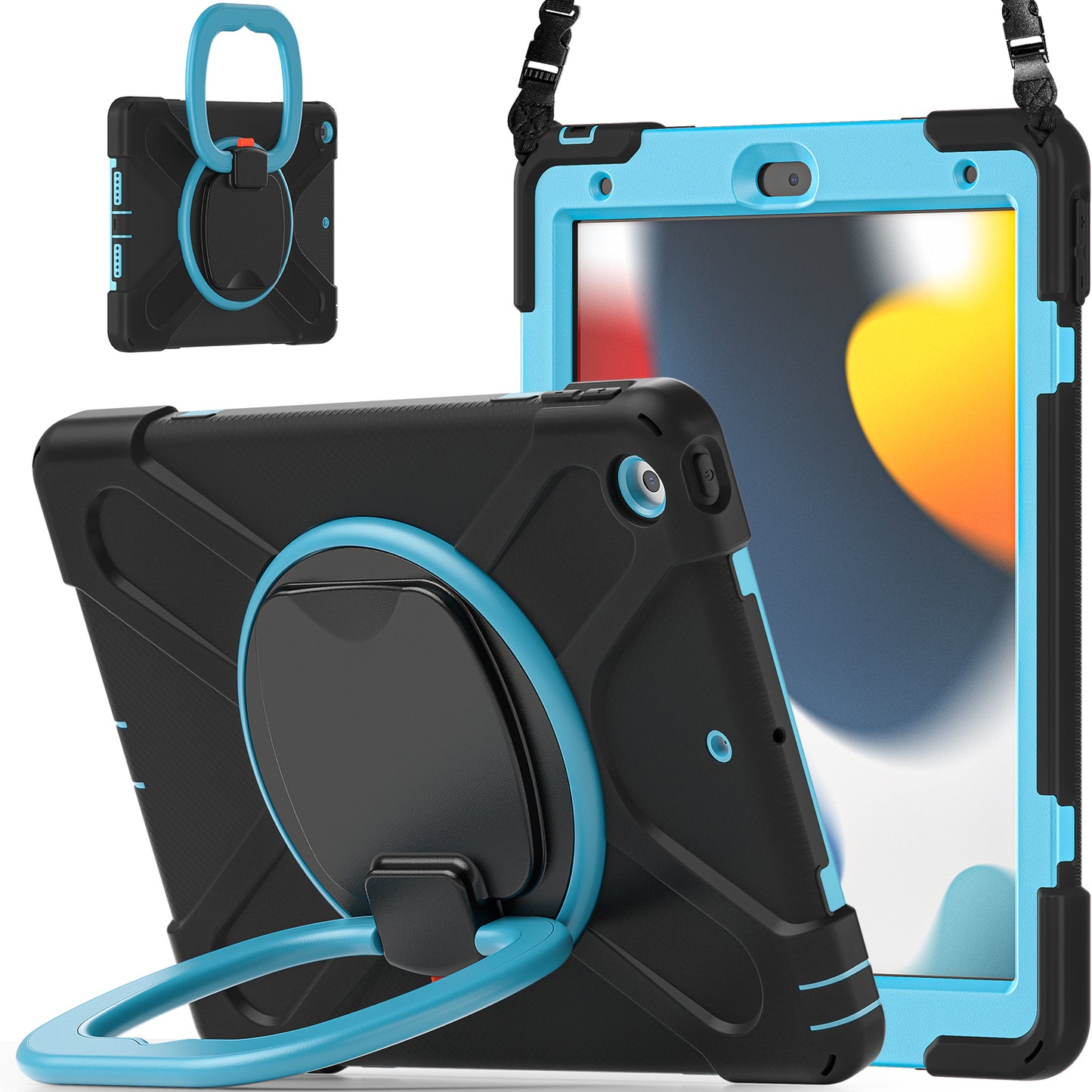 For iPad 10.2 (2021) / (2019) / (2020) Rotary Kickstand Tablet Case PC+Silicone Tablet Cover with Shoulder Strap