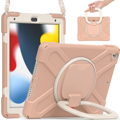 For iPad 10.2 (2021) / (2019) / (2020) Rotary Kickstand Tablet Case PC+Silicone Tablet Cover with Shoulder Strap
