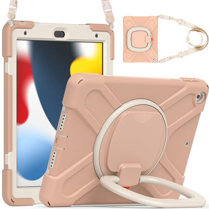 For iPad 10.2 (2021) / (2019) / (2020) Rotary Kickstand Tablet Case PC+Silicone Tablet Cover with Shoulder Strap