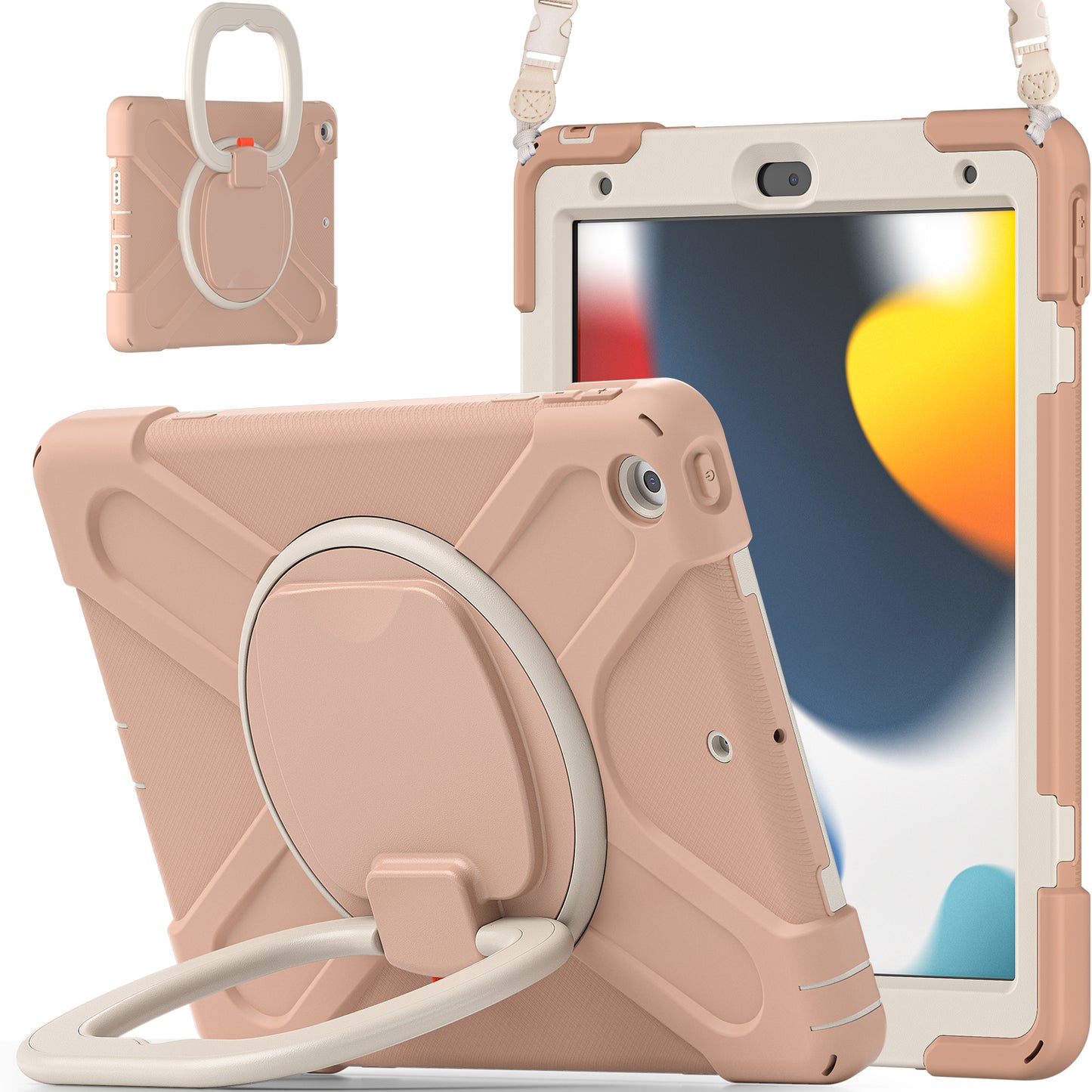 For iPad 10.2 (2021) / (2019) / (2020) Rotary Kickstand Tablet Case PC+Silicone Tablet Cover with Shoulder Strap