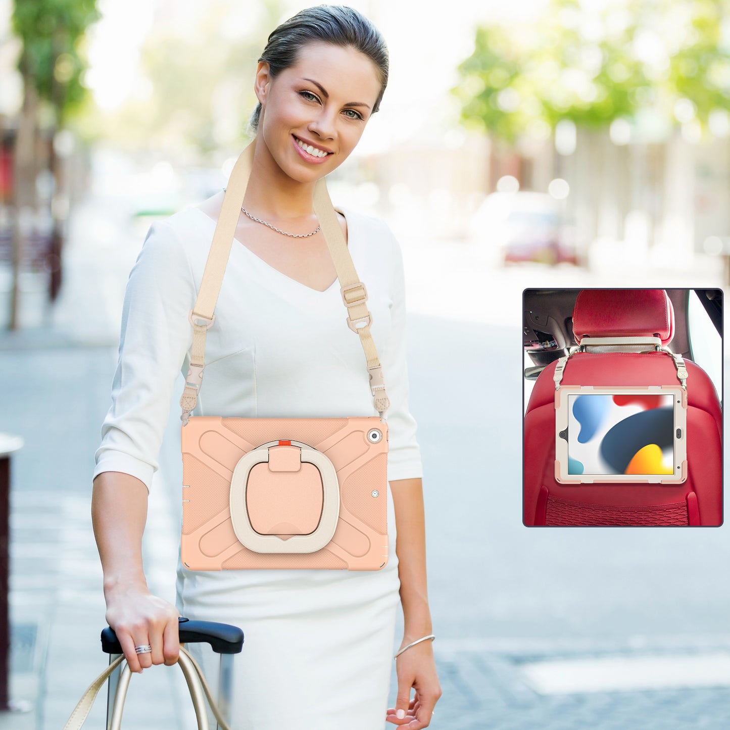 For iPad 10.2 (2021) / (2019) / (2020) Rotary Kickstand Tablet Case PC+Silicone Tablet Cover with Shoulder Strap