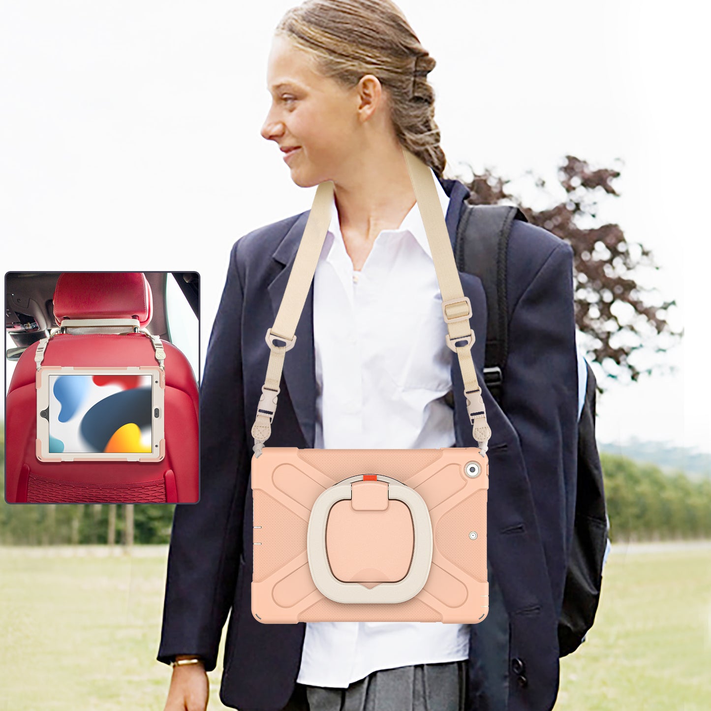 For iPad 10.2 (2021) / (2019) / (2020) Rotary Kickstand Tablet Case PC+Silicone Tablet Cover with Shoulder Strap