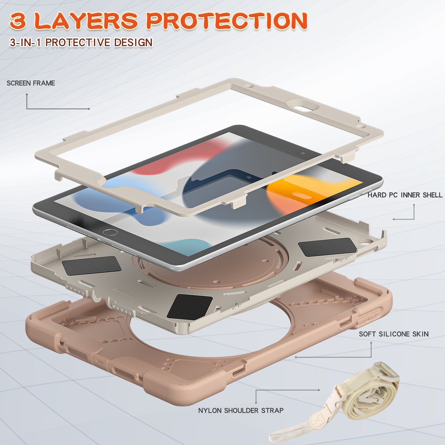 For iPad 10.2 (2021) / (2019) / (2020) Rotary Kickstand Tablet Case PC+Silicone Tablet Cover with Shoulder Strap