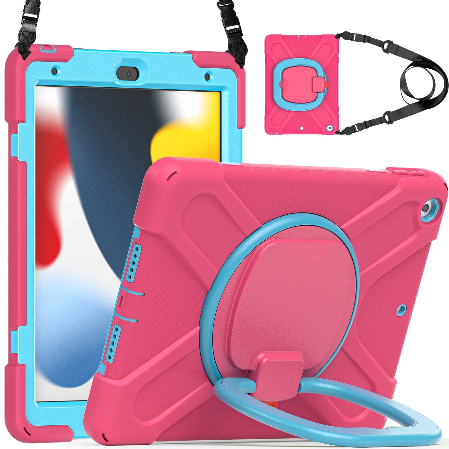 For iPad 10.2 (2021) / (2019) / (2020) Rotary Kickstand Tablet Case PC+Silicone Tablet Cover with Shoulder Strap