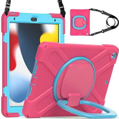 For iPad 10.2 (2021) / (2019) / (2020) Rotary Kickstand Tablet Case PC+Silicone Tablet Cover with Shoulder Strap
