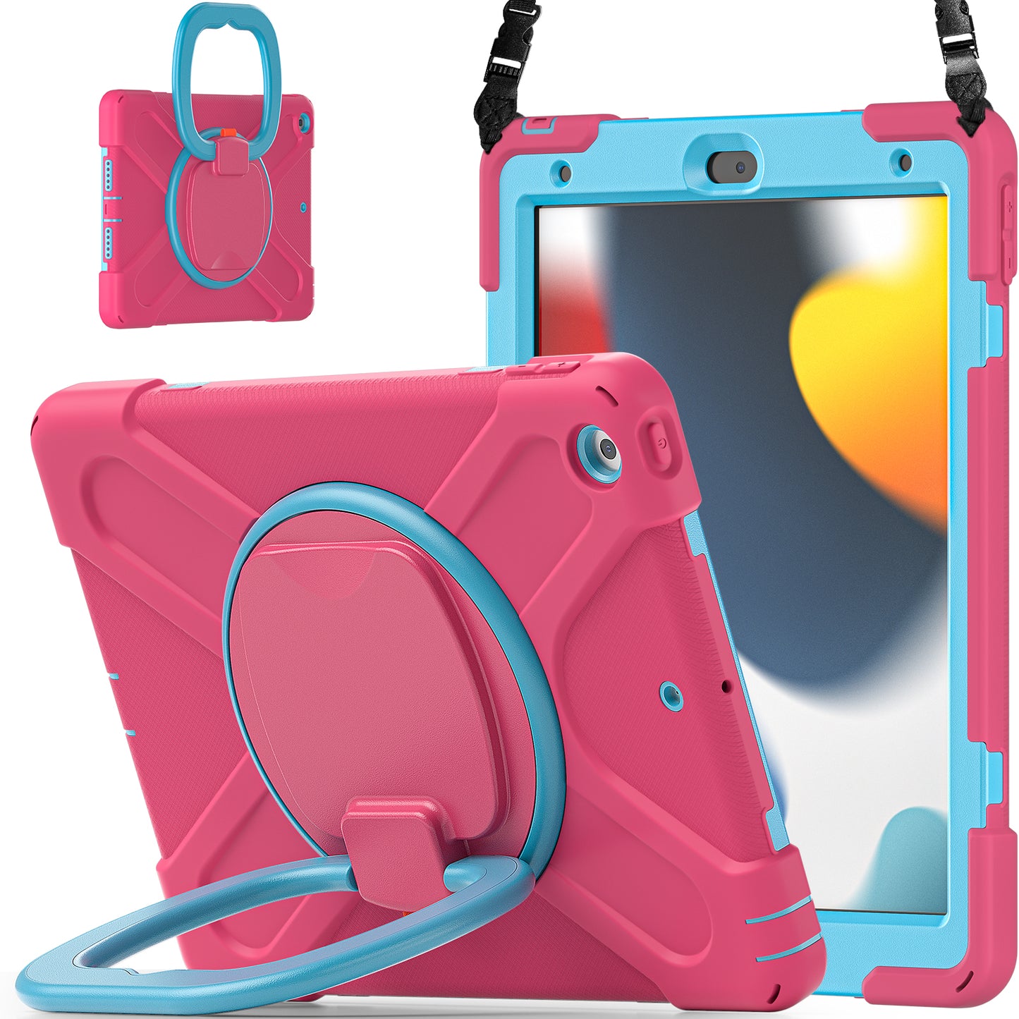 For iPad 10.2 (2021) / (2019) / (2020) Rotary Kickstand Tablet Case PC+Silicone Tablet Cover with Shoulder Strap