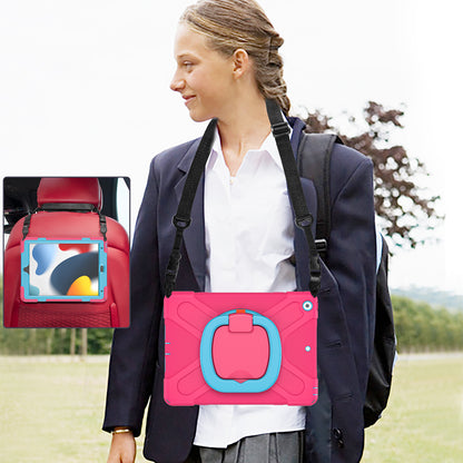 For iPad 10.2 (2021) / (2019) / (2020) Rotary Kickstand Tablet Case PC+Silicone Tablet Cover with Shoulder Strap