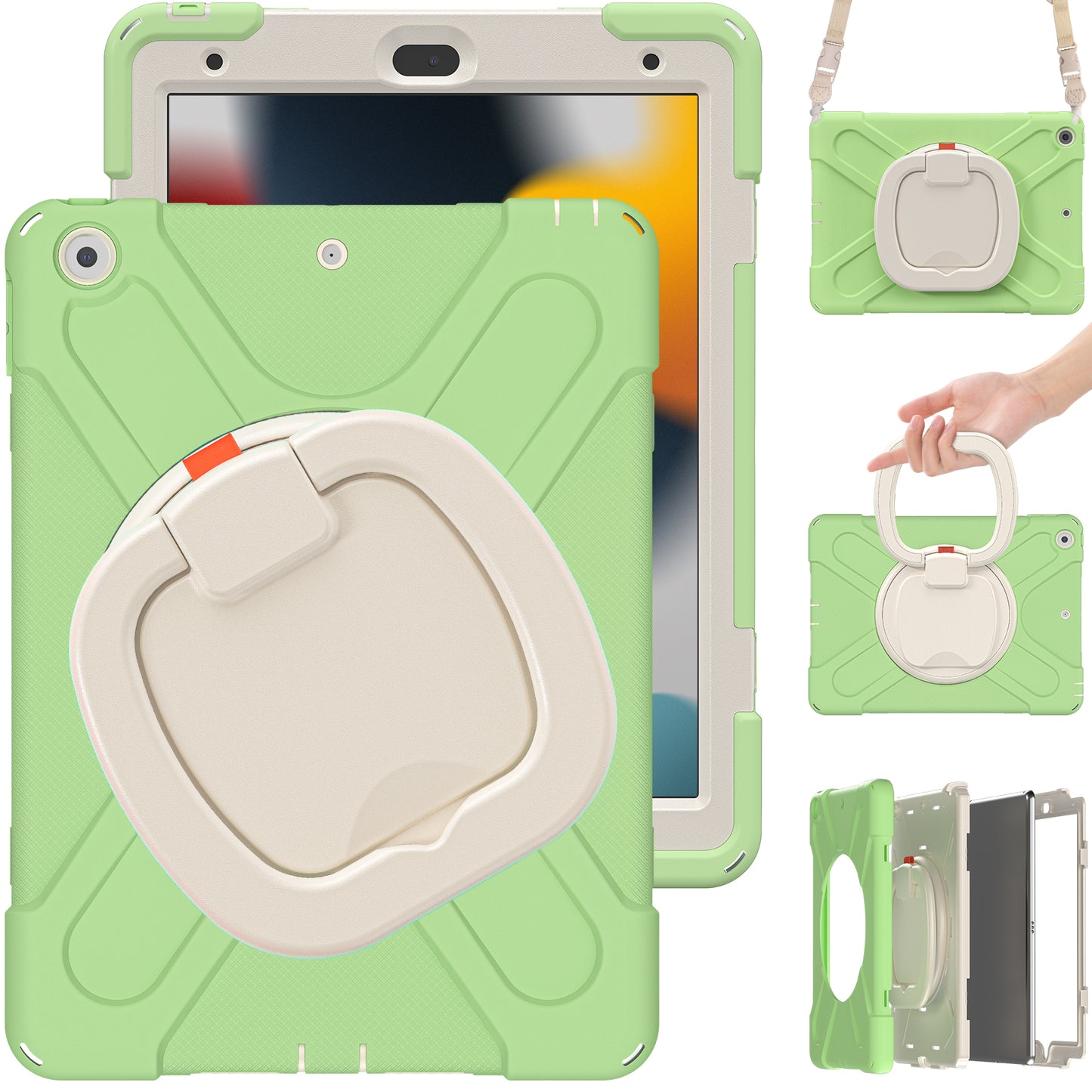 For iPad 10.2 (2021) / (2019) / (2020) Rotary Kickstand Tablet Case PC+Silicone Tablet Cover with Shoulder Strap