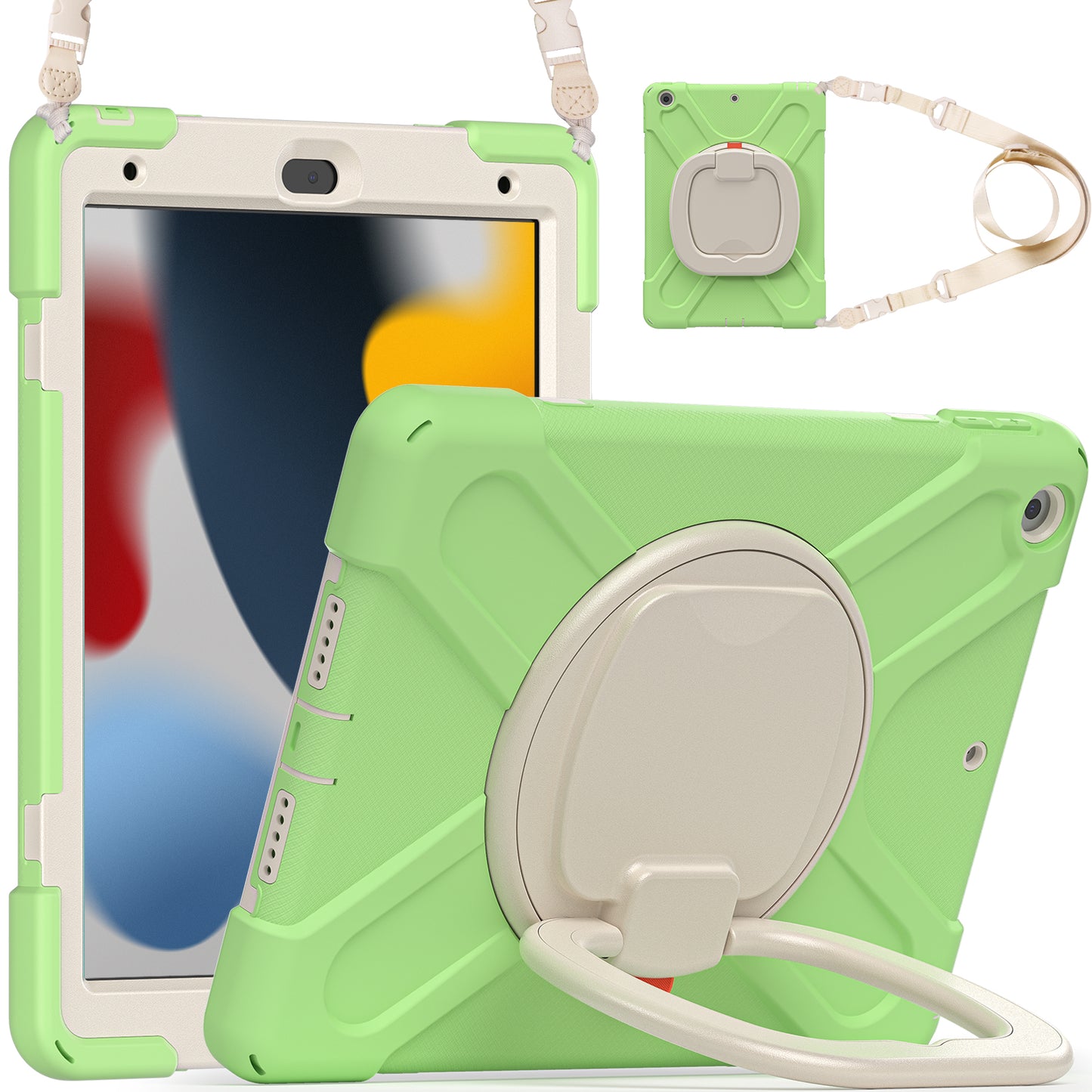 For iPad 10.2 (2021) / (2019) / (2020) Rotary Kickstand Tablet Case PC+Silicone Tablet Cover with Shoulder Strap