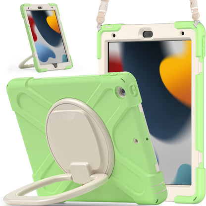 For iPad 10.2 (2021) / (2019) / (2020) Rotary Kickstand Tablet Case PC+Silicone Tablet Cover with Shoulder Strap