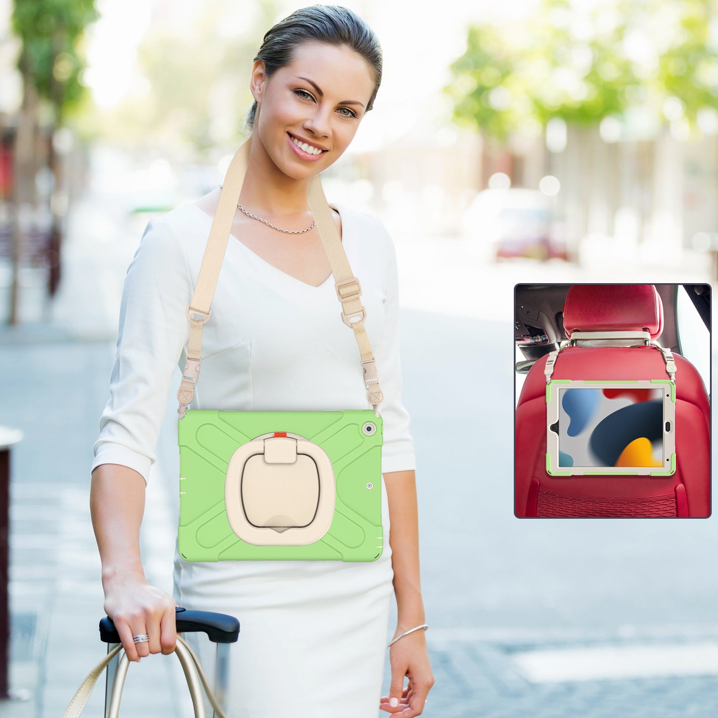 For iPad 10.2 (2021) / (2019) / (2020) Rotary Kickstand Tablet Case PC+Silicone Tablet Cover with Shoulder Strap