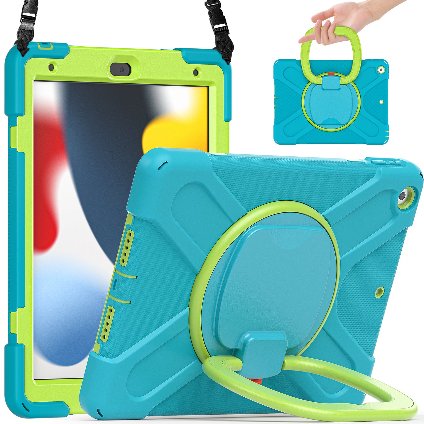 For iPad 10.2 (2021) / (2019) / (2020) Rotary Kickstand Tablet Case PC+Silicone Tablet Cover with Shoulder Strap