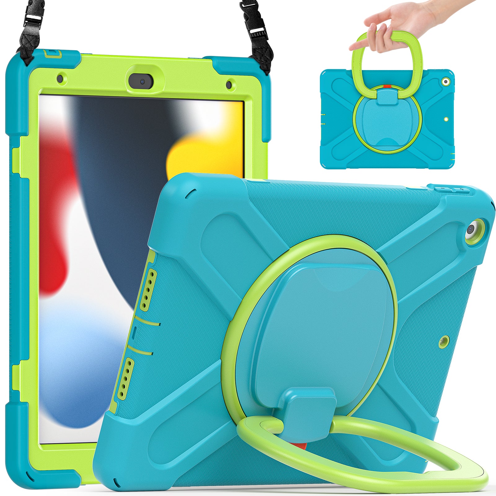 For iPad 10.2 (2021) / (2019) / (2020) Rotary Kickstand Tablet Case PC+Silicone Tablet Cover with Shoulder Strap