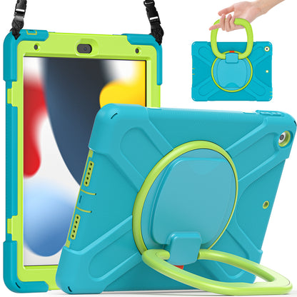 For iPad 10.2 (2021) / (2019) / (2020) Rotary Kickstand Tablet Case PC+Silicone Tablet Cover with Shoulder Strap