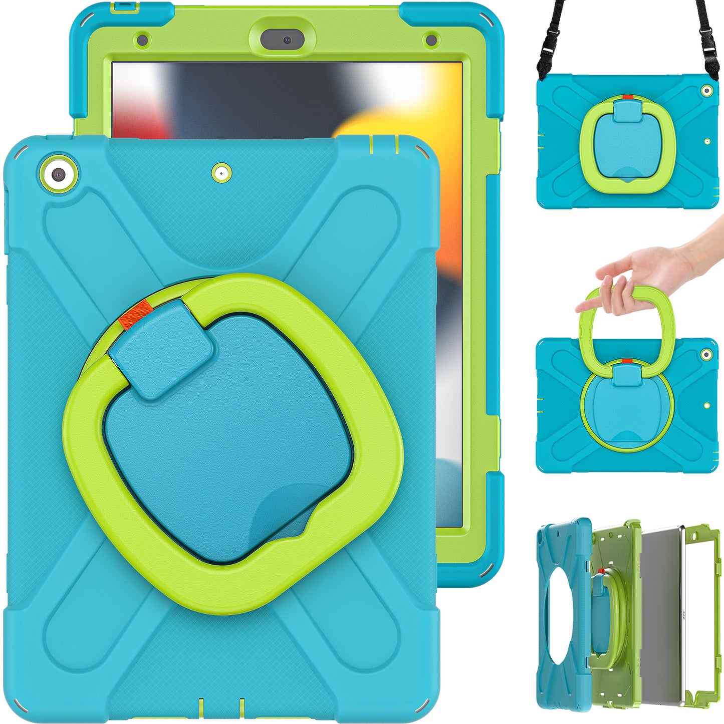 For iPad 10.2 (2021) / (2019) / (2020) Rotary Kickstand Tablet Case PC+Silicone Tablet Cover with Shoulder Strap