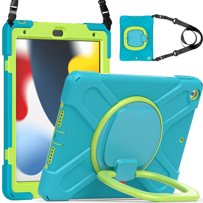 For iPad 10.2 (2021) / (2019) / (2020) Rotary Kickstand Tablet Case PC+Silicone Tablet Cover with Shoulder Strap