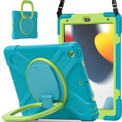 For iPad 10.2 (2021) / (2019) / (2020) Rotary Kickstand Tablet Case PC+Silicone Tablet Cover with Shoulder Strap