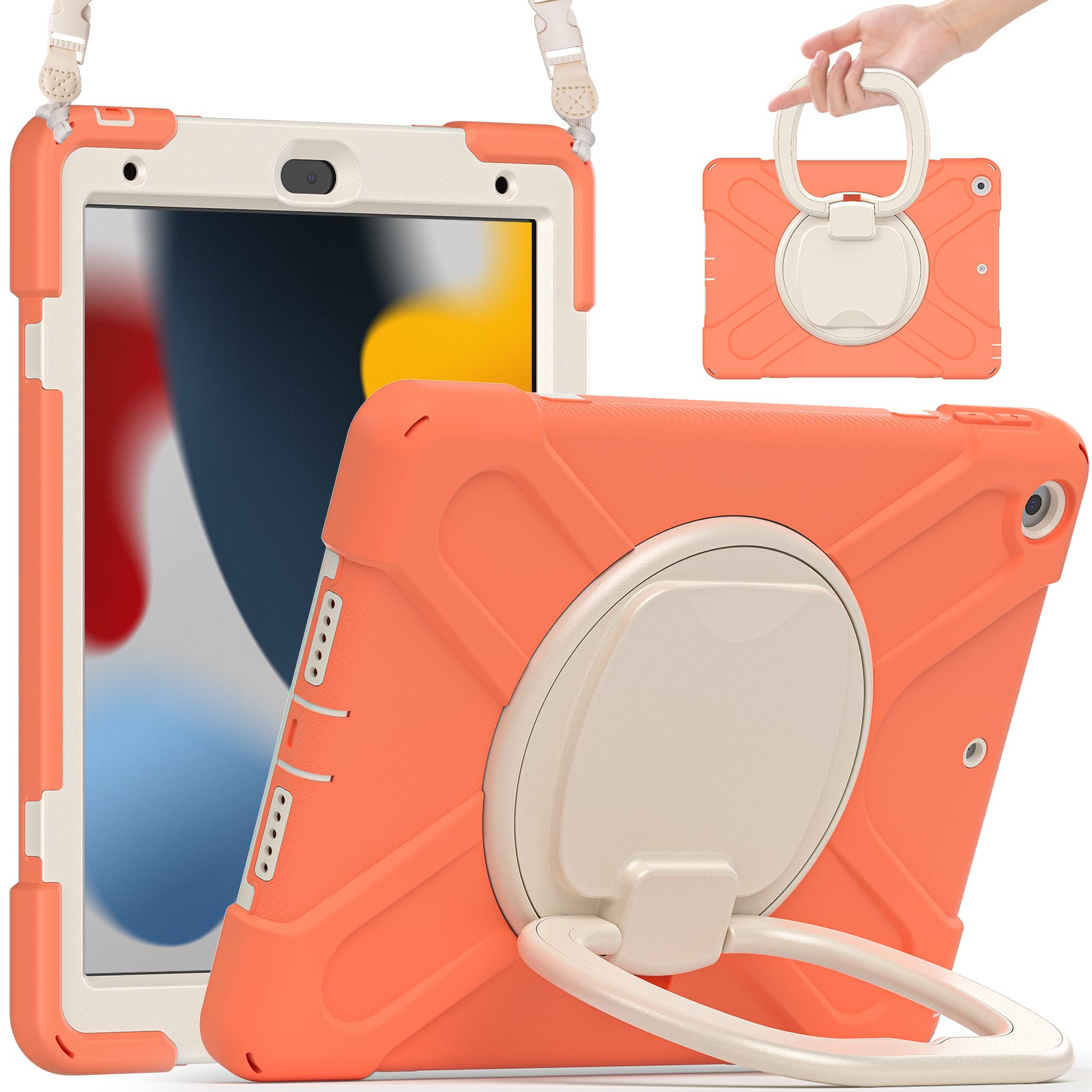 For iPad 10.2 (2021) / (2019) / (2020) Rotary Kickstand Tablet Case PC+Silicone Tablet Cover with Shoulder Strap