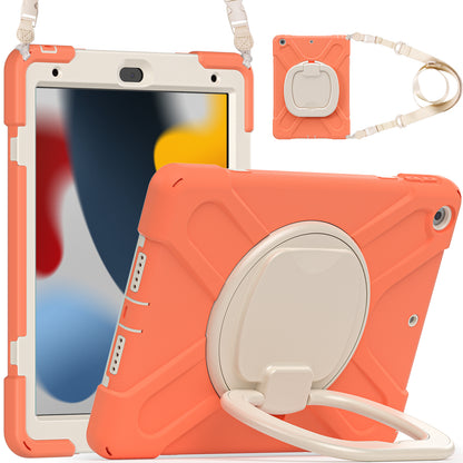 For iPad 10.2 (2021) / (2019) / (2020) Rotary Kickstand Tablet Case PC+Silicone Tablet Cover with Shoulder Strap