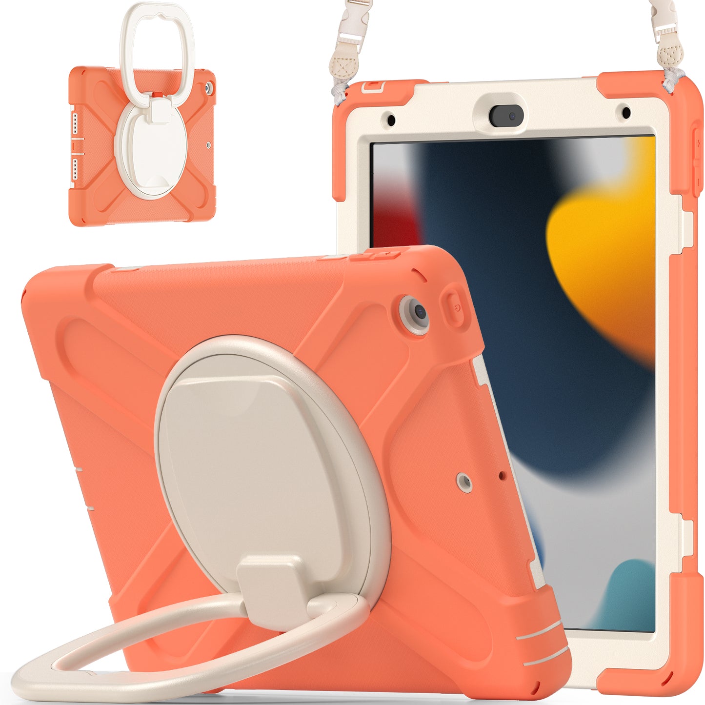 For iPad 10.2 (2021) / (2019) / (2020) Rotary Kickstand Tablet Case PC+Silicone Tablet Cover with Shoulder Strap