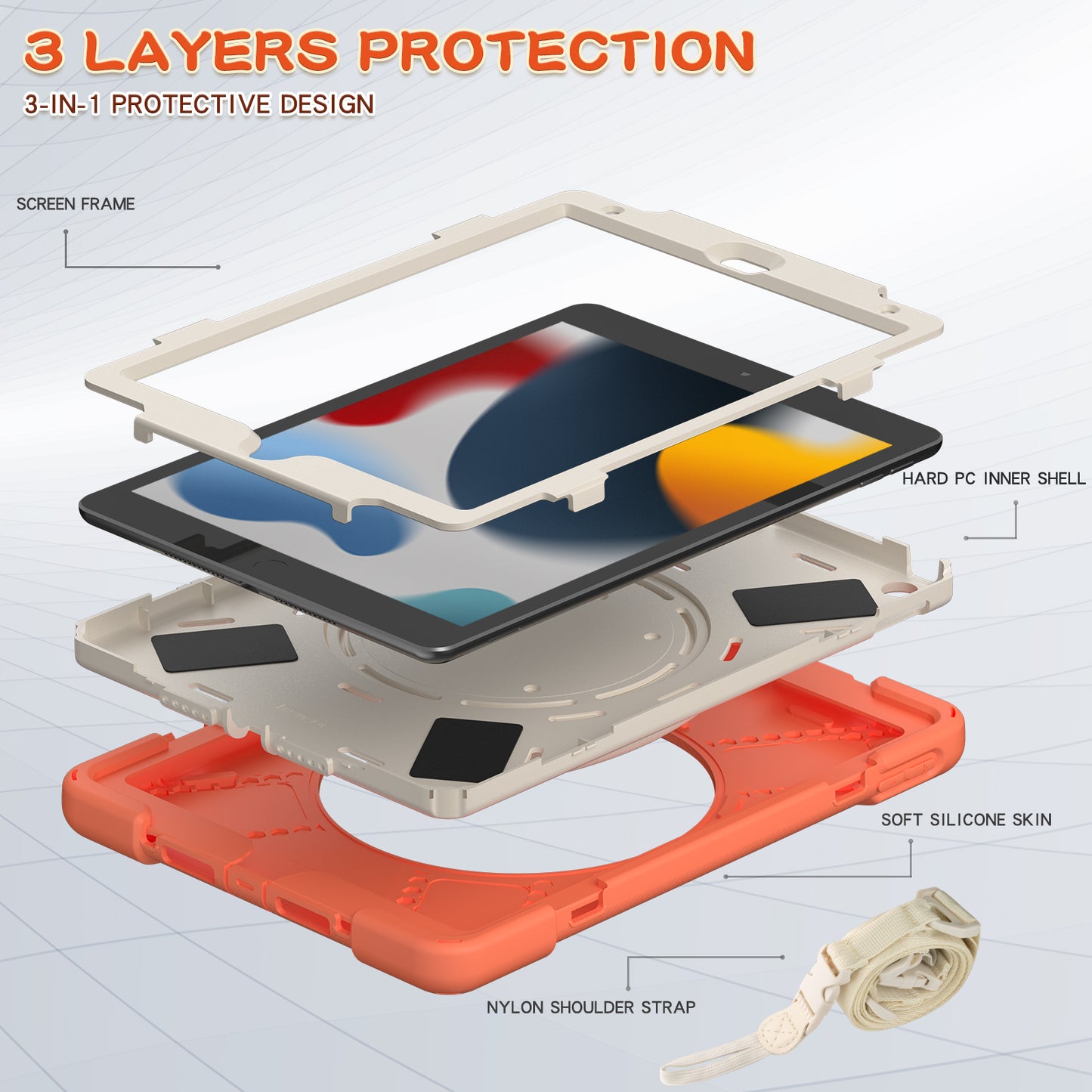 For iPad 10.2 (2021) / (2019) / (2020) Rotary Kickstand Tablet Case PC+Silicone Tablet Cover with Shoulder Strap