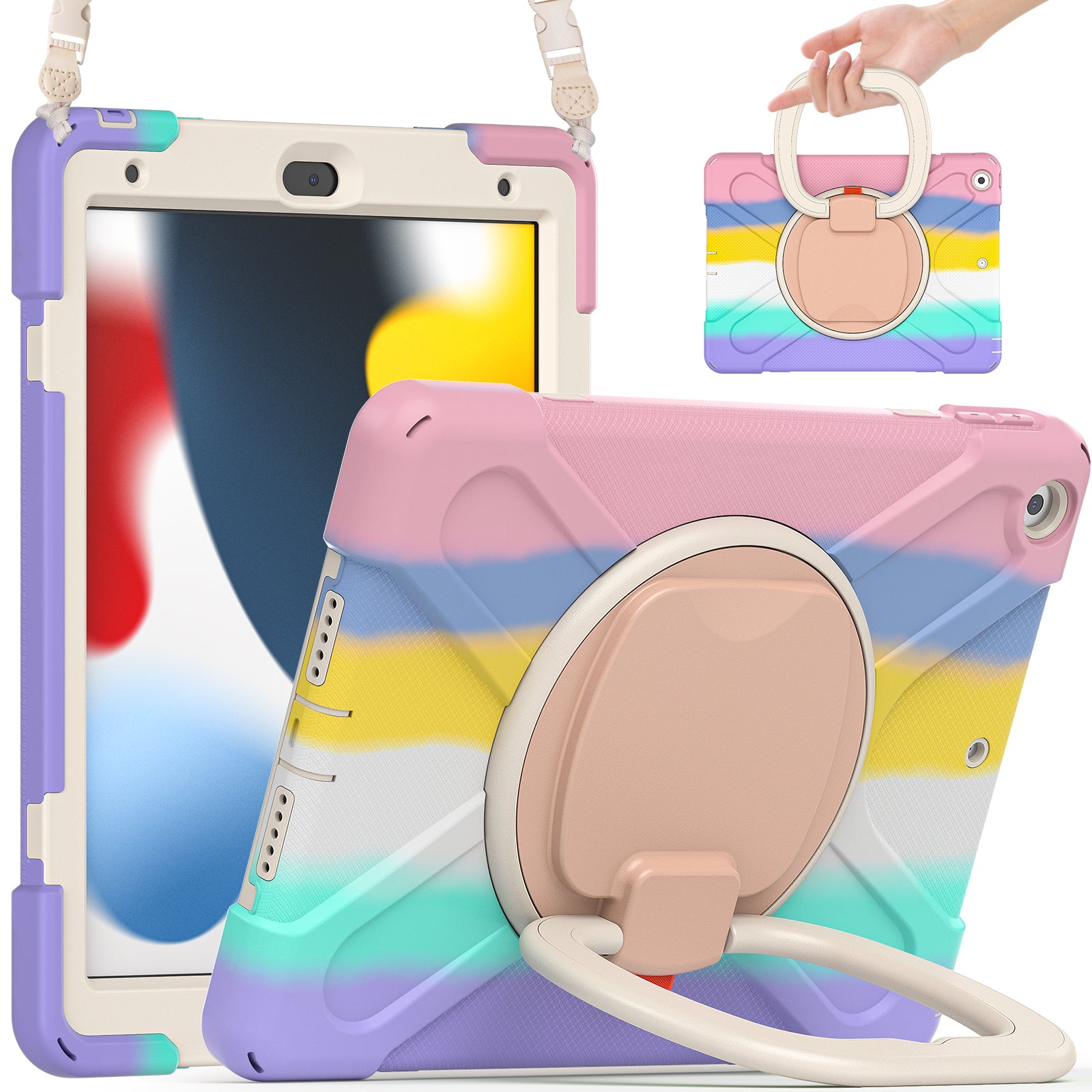 For iPad 10.2 (2021) / (2019) / (2020) Rotary Kickstand Tablet Case PC+Silicone Tablet Cover with Shoulder Strap