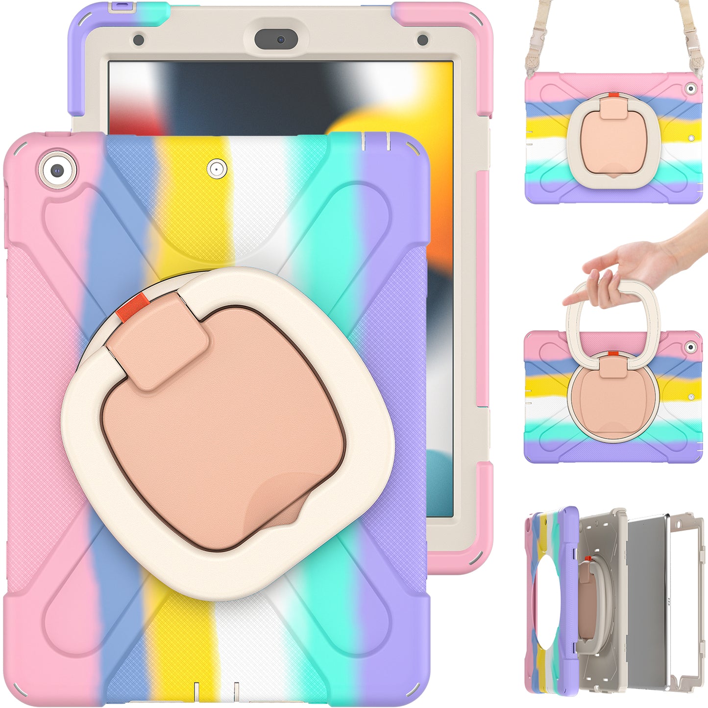 For iPad 10.2 (2021) / (2019) / (2020) Rotary Kickstand Tablet Case PC+Silicone Tablet Cover with Shoulder Strap