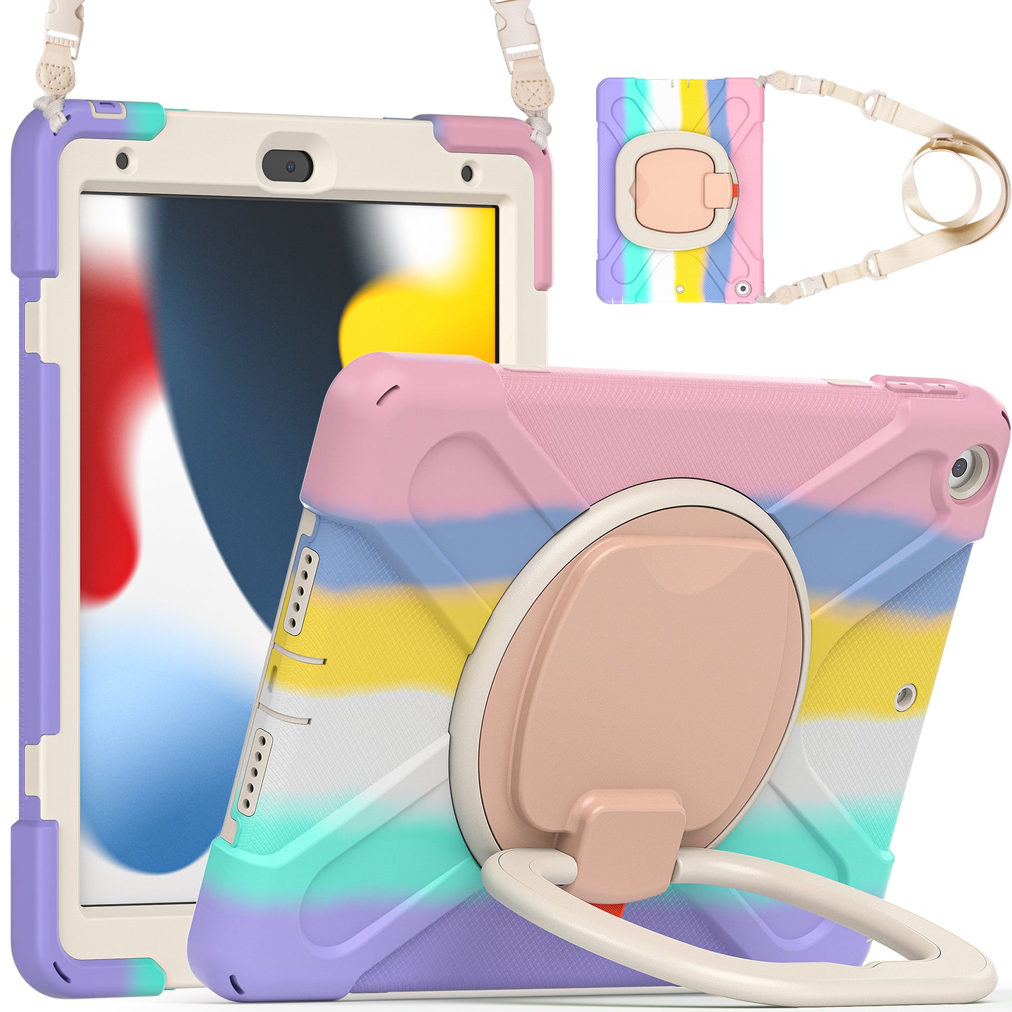 For iPad 10.2 (2021) / (2019) / (2020) Rotary Kickstand Tablet Case PC+Silicone Tablet Cover with Shoulder Strap
