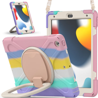 For iPad 10.2 (2021) / (2019) / (2020) Rotary Kickstand Tablet Case PC+Silicone Tablet Cover with Shoulder Strap