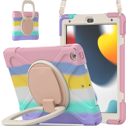 For iPad 10.2 (2021) / (2019) / (2020) Rotary Kickstand Tablet Case PC+Silicone Tablet Cover with Shoulder Strap