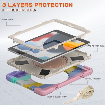 For iPad 10.2 (2021) / (2019) / (2020) Rotary Kickstand Tablet Case PC+Silicone Tablet Cover with Shoulder Strap