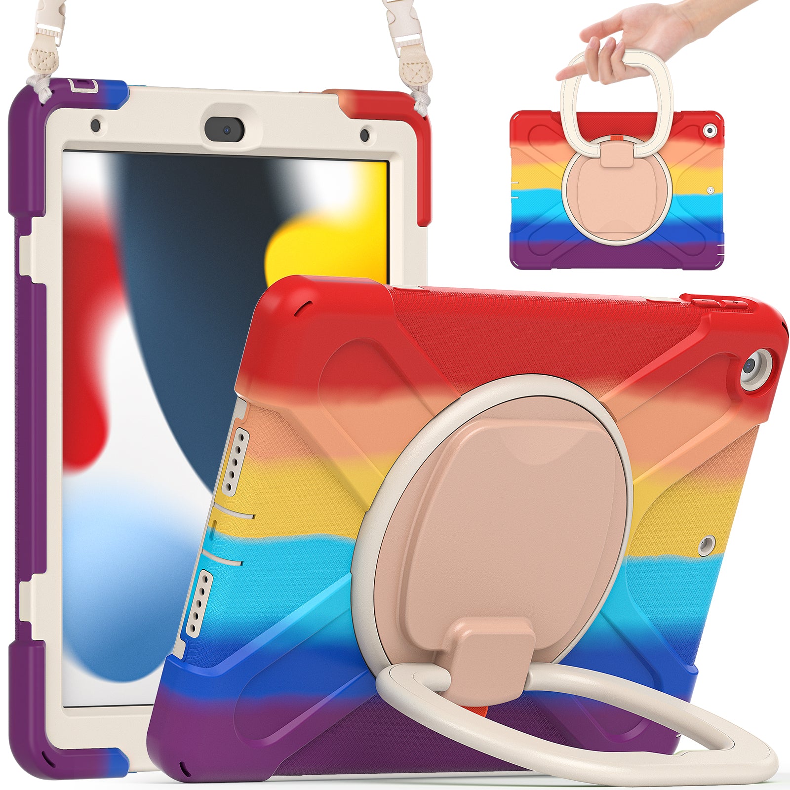 For iPad 10.2 (2021) / (2019) / (2020) Rotary Kickstand Tablet Case PC+Silicone Tablet Cover with Shoulder Strap