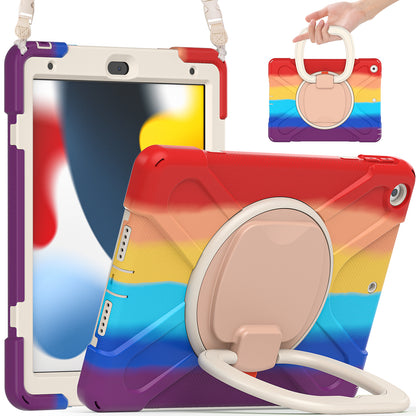 For iPad 10.2 (2021) / (2019) / (2020) Rotary Kickstand Tablet Case PC+Silicone Tablet Cover with Shoulder Strap