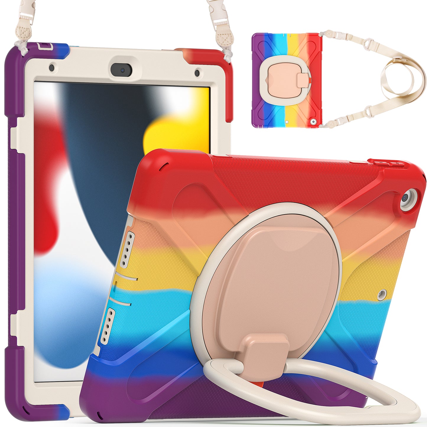 For iPad 10.2 (2021) / (2019) / (2020) Rotary Kickstand Tablet Case PC+Silicone Tablet Cover with Shoulder Strap
