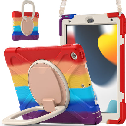 For iPad 10.2 (2021) / (2019) / (2020) Rotary Kickstand Tablet Case PC+Silicone Tablet Cover with Shoulder Strap