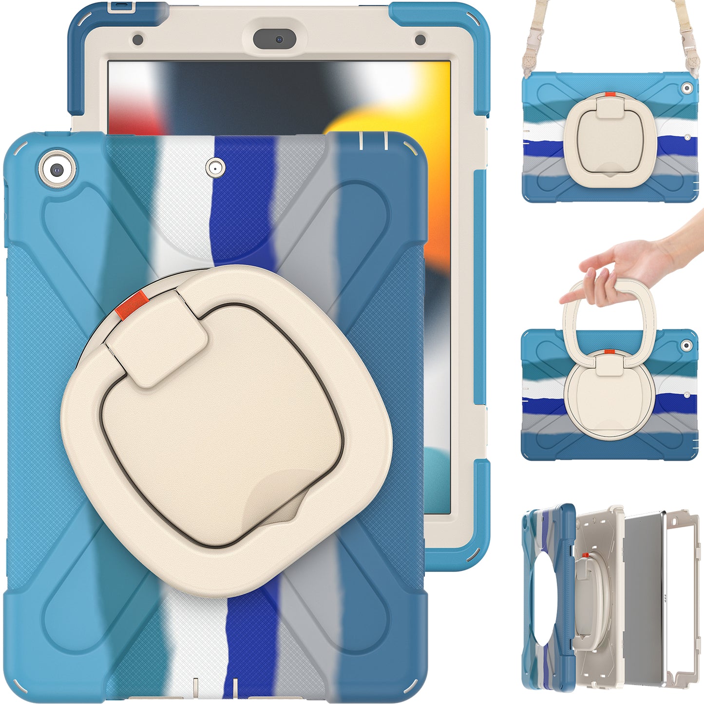 For iPad 10.2 (2021) / (2019) / (2020) Rotary Kickstand Tablet Case PC+Silicone Tablet Cover with Shoulder Strap