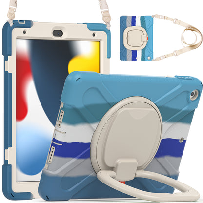 For iPad 10.2 (2021) / (2019) / (2020) Rotary Kickstand Tablet Case PC+Silicone Tablet Cover with Shoulder Strap