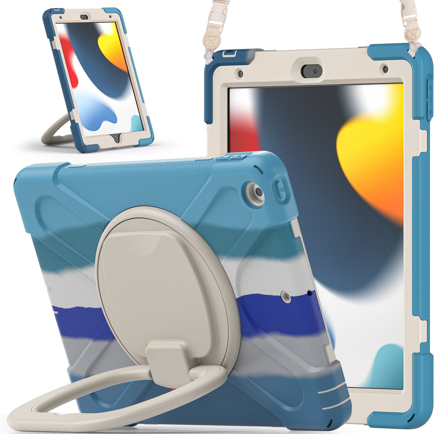 For iPad 10.2 (2021) / (2019) / (2020) Rotary Kickstand Tablet Case PC+Silicone Tablet Cover with Shoulder Strap