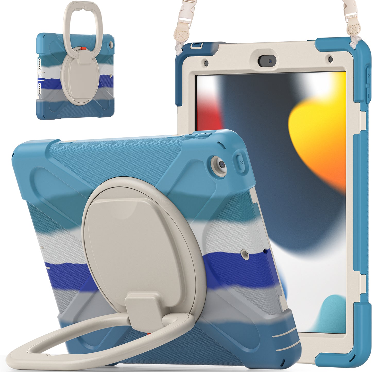 For iPad 10.2 (2021) / (2019) / (2020) Rotary Kickstand Tablet Case PC+Silicone Tablet Cover with Shoulder Strap