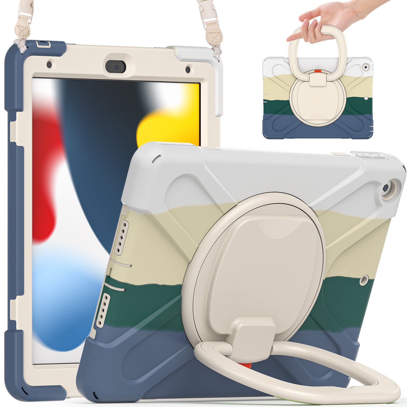 For iPad 10.2 (2021) / (2019) / (2020) Rotary Kickstand Tablet Case PC+Silicone Tablet Cover with Shoulder Strap