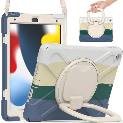 For iPad 10.2 (2021) / (2019) / (2020) Rotary Kickstand Tablet Case PC+Silicone Tablet Cover with Shoulder Strap